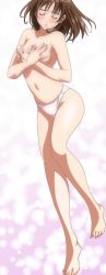 Rule 34 | 1girl, barefoot, blush, breast hold, breasts, brown hair, covering privates, covering breasts, closed eyes, feet, highres, i&quot;s, navel, panties, panties only, short hair, solo, topless, underwear, underwear only, yoshizuki iori