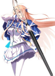 Rule 34 | 1girl, blonde hair, blue capelet, brooch, capelet, hair between eyes, hanamori yumiri, headgear, heaven burns red, highres, holding, holding sword, holding weapon, jacket, jewelry, long hair, long sleeves, looking at viewer, miniskirt, pleated skirt, red eyes, shiime, shirakawa yuina, simple background, skirt, solo, standing, sword, weapon, white background, white jacket, white skirt