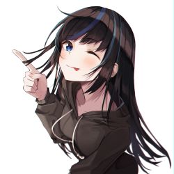 Rule 34 | 1girl, black hair, blue eyes, blue hair, breasts, eyebrows hidden by hair, highres, hood, hoodie, long hair, looking at viewer, multicolored hair, one eye closed, original, sihana156, simple background, smile, solo, tongue, tongue out, white background