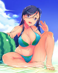 Rule 34 | 10s, 1girl, bad id, bad pixiv id, bikini, black hair, blue eyes, blush, breasts, chiha (abo ecm mk25), day, female focus, food, fruit, glasses, groin, highres, large breasts, looking at viewer, navel, ocean, open mouth, saitou kaede (yama no susume), sky, smile, solo, sweat, swimsuit, watermelon, yama no susume