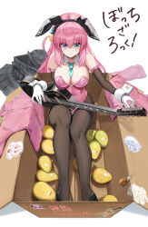Rule 34 | 1girl, absurdres, animal ears, bare shoulders, black footwear, black pantyhose, blue eyes, bocchi the rock!, box, breasts, character sticker, cleavage, closed mouth, collar, commentary, cube hair ornament, detached collar, detached sleeves, electric guitar, embarrassed, fake animal ears, food, fruit, gibson les paul, gloves, gotoh hitori, guitar, hair ornament, highres, holding, holding instrument, hutosutoro, ijichi nijika, in box, in container, instrument, kita ikuyo, large breasts, leotard, long hair, looking at viewer, mango, necktie, one side up, pantyhose, pink hair, pink leotard, playboy bunny, raised eyebrows, short necktie, simple background, sitting, snail, solo, strapless, strapless leotard, sweat, tears, translated, wavy mouth, white background, white collar, white gloves, white wrist cuffs, wrist cuffs, yamada ryo