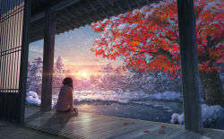 Rule 34 | 1girl, lake, lens flare, long hair, md5 mismatch, natsu (hottopeppa3390), original, pond, porch, resolution mismatch, scarf, scenery, sitting, snow, snowing, solo, source larger, sun, sunset, winter