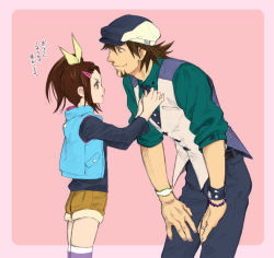 Rule 34 | 10s, 1boy, 1girl, age difference, bracelet, braid, braided bangs, brown eyes, brown hair, cabbie hat, facial hair, father and daughter, hair ornament, hairclip, hat, jewelry, kaburagi kaede, kaburagi t. kotetsu, necktie, ring, short hair, shorts, side ponytail, striped clothes, striped thighhighs, stubble, thighhighs, tiger &amp; bunny, tsushima shuu, vest, watch, wedding band, wedding ring, wristwatch