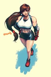 Rule 34 | 1girl, abs, black shirt, boots, breasts, brown hair, earrings, elbow gloves, final fantasy, final fantasy vii, fingerless gloves, gloves, hand on own hip, highres, jewelry, large breasts, long hair, low-tied long hair, muscular, muscular female, red eyes, relusionh, shirt, skirt, smile, solo, suspender skirt, suspenders, tank top, tifa lockhart, walking