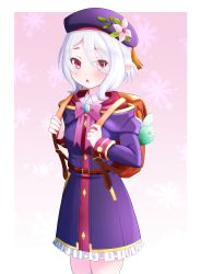 Rule 34 | 1girl, blush, elf, eyes visible through hair, female focus, hat, kokkoro (princess connect!), looking at viewer, open mouth, pointy ears, princess connect!, red eyes, school uniform, seiji (artman), short hair, simple background, solo, standing, thighhighs, triangle mouth, upper body, white hair
