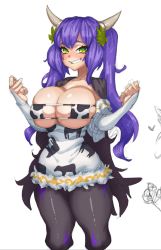 Rule 34 | 1girl, black cape, black pantyhose, breasts, cape, cleavage, clothes pull, cow girl, cow horns, cowboy shot, cropped legs, dress, dress pull, green eyes, highres, horns, huge breasts, long hair, long sleeves, looking at viewer, makinakid, off-shoulder dress, off shoulder, pantyhose, purple hair, romolla, shiny skin, short dress, sidelocks, simple background, skindentation, thick thighs, thighs, twintails, underboob, very long hair, virtual youtuber, white background, white dress