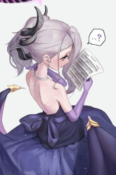 Rule 34 | 1girl, ?, absurdres, black horns, blue archive, dangle earrings, demon horns, demon wings, dress, earrings, elbow gloves, gloves, grey hair, halo, highres, hina (blue archive), hina (dress) (blue archive), holding, holding paper, horns, jewelry, laza (0ldsong), long hair, multiple horns, necklace, official alternate costume, official alternate hairstyle, open mouth, paper, purple dress, purple eyes, purple gloves, purple wings, sheet music, simple background, solo, spoken question mark, strapless, strapless dress, white background, wings