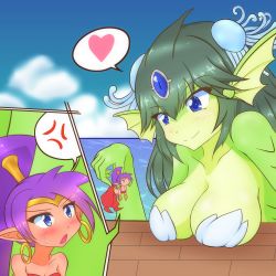 Rule 34 | 2girls, absurdres, blue eyes, blush, breast rest, breasts, cleavage, colored skin, earrings, giant, giantess, giga mermaid, green hair, green skin, heart, highres, jewelry, large breasts, multiple girls, open mouth, pointy ears, shantae, shantae (series), smile, sweat, yuri