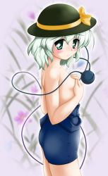 Rule 34 | 1girl, bare back, bare shoulders, blush, breasts, clothes pull, covering privates, covering breasts, cowboy shot, eyeball, from side, green eyes, green hair, hat, komeiji koishi, matching hair/eyes, neopure, off shoulder, one-piece swimsuit, one-piece swimsuit pull, school swimsuit, silver hair, small breasts, solo, standing, swimsuit, third eye, touhou