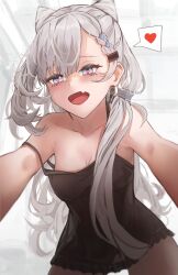 Rule 34 | 1girl, bare shoulders, black camisole, blue eyes, blush, braid, braided bangs, breasts, camisole, cleavage, collarbone, commentary, cone hair bun, cowboy shot, double bun, earrings, fang, grey hair, hair between eyes, hair bun, heart, heart-shaped pupils, highres, hololive, hololive indonesia, indoors, jewelry, long hair, looking at viewer, low ponytail, medium breasts, numamus, open mouth, pajamas, pov, see-through silhouette, skin fang, solo, spoken heart, strap slip, symbol-shaped pupils, vestia zeta, virtual youtuber