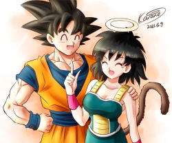 Rule 34 | 1boy, 1girl, armband, bare shoulders, black hair, breasts, closed eyes, commentary, dated, dougi, dragon ball, gine, halo, hand on own hip, hands on own hips, karoine, medium breasts, mother&#039;s day, mother and son, muscular, muscular male, open mouth, saiyan armor, signature, son goku, spiked hair, tail, tears