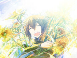 Rule 34 | 1boy, black shirt, brown eyes, brown hair, closed eyes, cloud, cloudy sky, crossed arms, dappled sunlight, facing viewer, flower, holding, holding flower, male focus, moribuden, open mouth, outdoors, plant, shirt, sky, smile, sunflower, sunlight, white background, yu-gi-oh!, yu-gi-oh! gx, yuki judai