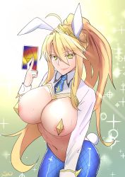 Rule 34 | 1girl, absurdres, ahoge, animal ears, areola slip, artoria pendragon (all), artoria pendragon (fate), artoria pendragon (swimsuit ruler) (fate), backlighting, blonde hair, blue necktie, blue pantyhose, blush, braid, breasts, card, closed mouth, covered erect nipples, cropped jacket, fate/grand order, fate (series), fishnet pantyhose, fishnets, french braid, gradient background, green background, green eyes, hair between eyes, highres, jacket, kasumi saika, large breasts, light rays, long hair, long sleeves, looking at viewer, meme attire, navel, necktie, pantyhose, pasties, playing card, ponytail, rabbit ears, rabbit tail, revealing clothes, reverse bunnysuit, reverse outfit, shrug (clothing), sidelocks, smile, solo, sparkle, tail, tiara, white jacket, wrist cuffs