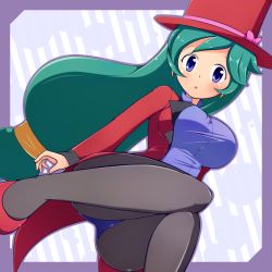 Rule 34 | 1girl, a-ktoo, black pantyhose, blue eyes, blue leotard, breasts, creatures (company), earrings, formal, francesca (pokemon), game freak, green hair, hat, high heels, jacket, jewelry, large breasts, leotard, long hair, looking at viewer, magician, nintendo, open mouth, pantyhose, pokemon, pokemon (anime), pokemon dp070, pokemon dppt (anime), solo, suit, tailcoat, top hat