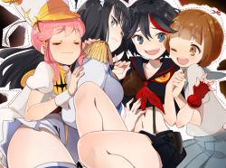 Rule 34 | 10s, 4girls, ;d, bad id, bad pixiv id, black hair, blue eyes, brown hair, epaulettes, furururu, girl sandwich, gloves, hat, jakuzure nonon, junketsu, kill la kill, kiryuuin satsuki, mankanshoku mako, matoi ryuuko, multicolored hair, multiple girls, one eye closed, open mouth, pink hair, round teeth, sandwiched, school uniform, senketsu, serafuku, shako cap, short hair, single glove, smile, teeth, two-tone hair, wink, yuri