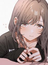 Rule 34 | 1girl, black shirt, blouse, blush, brown eyes, brown hair, closed mouth, collarbone, fingers together, idolmaster, idolmaster shiny colors, iwawa, jewelry, long hair, long sleeves, necklace, shirt, simple background, solo, tsukioka kogane, v-neck, white background