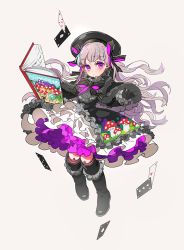 Rule 34 | 10s, 1girl, ace (playing card), ace of clubs, ace of diamonds, ace of hearts, alice in wonderland, beret, black capelet, black dress, black footwear, black hat, black ribbon, blush, book, boots, capelet, card, closed mouth, club (shape), collar, colored eyelashes, diamond (shape), doll joints, dress, fate/extra, fate/grand order, fate (series), food print, frilled boots, frilled collar, frilled dress, frilled sleeves, frills, full body, fur-trimmed capelet, fur trim, gothic lolita, grey background, hair ribbon, hat, heart, highres, joints, knee boots, lolita fashion, long hair, long sleeves, looking at viewer, mushroom print, nursery rhyme (fate), open book, outstretched arm, petticoat, playing card, purple eyes, ribbon, silver hair, simple background, solo, striped ribbon, tenobe, very long hair