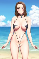 Rule 34 | 1girl, artist name, beach, black one-piece swimsuit, blue sky, blush, breasts, brown hair, choker, cloud, collarbone, cowboy shot, day, gluteal fold, groin, highres, horizon, jewelry, lips, looking at viewer, medium breasts, navel, o-ring, o-ring swimsuit, ocean, one-piece swimsuit, original, outdoors, parted hair, partially visible vulva, pendant, red eyes, shiny skin, signature, sky, slingshot swimsuit, smile, solo, standing, swimsuit, underboob, yurashima