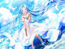 Rule 34 | 1girl, :d, ahoge, bad id, bad pixiv id, bare shoulders, blue eyes, blue hair, blue sky, blush, bridal gauntlets, choker, cloud, cloudy sky, commentary request, day, dress, dutch angle, feathers, floating hair, forehead, granblue fantasy, haruri, highres, horizon, long hair, looking at viewer, lyria (granblue fantasy), ocean, open mouth, outdoors, parted bangs, see-through, sky, smile, solo, standing, strapless, strapless dress, very long hair, wading, water, white choker, white dress