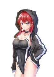 Rule 34 | 1girl, black jacket, black one-piece swimsuit, breasts, competition swimsuit, cowboy shot, food, hand in pocket, highleg, highleg swimsuit, highres, hisame shiki, hood, hooded jacket, hoodie, indie virtual youtuber, jacket, large breasts, long hair, looking at viewer, mitsuboshi nanami, mouth hold, one-piece swimsuit, popsicle, purple eyes, red hair, simple background, solo, standing, swimsuit, two-tone swimsuit, virtual youtuber, white background