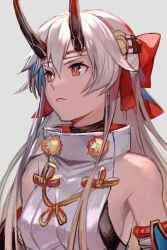 Rule 34 | 1girl, armpits, bare shoulders, breasts, bright pupils, closed mouth, detached sleeves, fate/grand order, fate (series), grey background, hair between eyes, headband, horns, hungry clicker, long hair, medium breasts, red eyes, silver hair, simple background, slit pupils, solo, tomoe gozen (fate), upper body