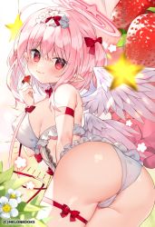 Rule 34 | 1girl, angel wings, arm strap, ass, blush, bow, breasts, cameltoe, chihiro (khorosho), closed mouth, commentary request, cowboy shot, flower, food, from behind, fruit, hair between eyes, hair bow, halo, holding, holding food, holding fruit, large breasts, long hair, looking at viewer, looking back, multiple wings, original, panties, pink hair, pointy ears, red bow, red eyes, red ribbon, ribbon, smile, solo, star (symbol), strawberry, thigh strap, two side up, underwear, white flower, white panties, wings