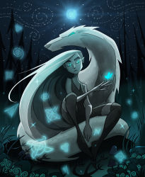 Rule 34 | 1girl, aisling (kells), alternate form, black thighhighs, blue butterfly, bug, butterfly, colored skin, elf, evmaher, fantasy, full moon, grass, grey skin, highres, insect, long hair, moon, night, outdoors, pointy ears, scenery, sitting, sky, star (sky), starry sky, the secret of kells, thighhighs, tree, very long hair, wolf