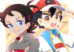 Rule 34 | 2boys, :d, antenna hair, ash ketchum, black hair, blue eyes, blue jacket, brown eyes, closed mouth, commentary request, creatures (company), eyelashes, game freak, goh (pokemon), grey shirt, hand on headwear, happy, hat, highres, jacket, looking at viewer, male focus, multiple boys, nintendo, open mouth, pokemon, pokemon (anime), pokemon journeys, red headwear, shirt, short hair, short sleeves, sleeveless, sleeveless jacket, smile, t-shirt, teeth, tongue, tuki 0427, upper teeth only, white shirt