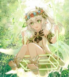 Rule 34 | 1girl, :d, bracelet, commentary request, detached sleeves, dress, forest, genshin impact, gradient hair, green eyes, hair between eyes, hair ornament, head wreath, highres, jewelry, long hair, looking at viewer, multicolored hair, nahida (genshin impact), nature, open mouth, pointy ears, short sleeves, side ponytail, sidelocks, sitting, smile, solo, stirrup legwear, swing, symbol-shaped pupils, toeless legwear, toes, white dress, white hair, zcing