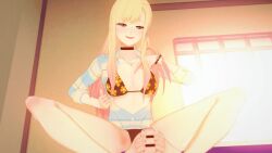 Rule 34 | 1boy, 1girl, 3d, animated, bar censor, barefoot, bikini, black bikini, black panties, blonde hair, bracelet, breasts, censored, clothes pull, feathermapleleaf, feet, floral print, footjob, hetero, highres, jewelry, kitagawa marin, knees apart feet together, koikatsu (medium), long hair, long sleeves, looking at viewer, looping animation, medium breasts, necklace, no pants, open clothes, open shirt, panties, penis, pulling own clothes, shirt pull, smile, sono bisque doll wa koi wo suru, spread legs, swimsuit, thighs, toes, underwear, very long hair, video