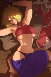 Rule 34 | 1girl, armpits, arms up, black panties, blonde hair, blue eyes, blue mary, breasts, come hither, fatal fury, highres, large breasts, lying, midriff, navel, one eye closed, open mouth, panties, pants, seductive smile, short hair, sleeveless, smile, snk, the king of fighters, tongue, underboob, underwear, unzipped