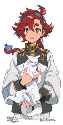 Rule 34 | 1girl, animal, artist name, asymmetrical bangs, blue eyes, cat, cowlick, cropped torso, gundam, gundam suisei no majo, hairband, highres, holding, holding animal, holding cat, jacket, kiikanna, long hair, long sleeves, looking at viewer, low ponytail, open mouth, red hair, simple background, smile, solo, suletta mercury, teeth, thick eyebrows, upper body, upper teeth only, white background, white jacket