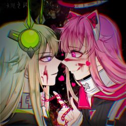 Rule 34 | animal ears, artist name, bdsm, black background, black jacket, blood, blood on face, blunt bangs, blush, bondage, bound, cat ears, chain, chain leash, chromatic aberration, close game/offline (project sekai), closed eyes, commentary, english commentary, fang, halo, harness, heart, heart-shaped pupils, hurry (48313919), jacket, kusanagi nene, leash, long hair, mechanical ears, mechanical halo, multicolored clothes, multicolored jacket, nervous, nervous sweating, official alternate costume, official alternate hairstyle, ootori emu, parted bangs, pink hair, project sekai, purple eyes, rabbit ears, seductive smile, silhouette, smile, sweat, symbol-shaped pupils, tongue, tongue out, two-tone jacket, yandere, yuri