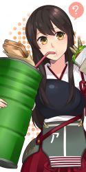 Rule 34 | 10s, 1girl, :t, ?, akagi (kancolle), ammunition, armor, bauxite, brown hair, drinking, drinking straw, drum (container), food, ilris, japanese clothes, kantai collection, long hair, muneate, personification, sandwich, solo, spoken question mark, yellow eyes