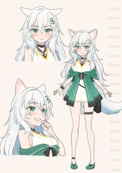 Rule 34 | 1girl, animal ears, black choker, blush, breasts, choker, closed mouth, dress, frown, green eyes, green footwear, height, height chart, highres, long hair, looking at viewer, mao lian (nekokao), medium breasts, multiple views, off shoulder, original, pigeon-toed, shoes, short dress, smile, tail, thigh strap, white dress, white hair