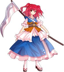 Rule 34 | 1girl, alphes (style), bad id, bad pixiv id, dairi, dress, female focus, full body, hair bobbles, hair ornament, looking at viewer, onozuka komachi, parody, red eyes, red hair, scythe, short hair, solo, style parody, touhou, transparent background, twintails, two side up