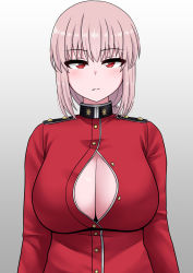 Rule 34 | 1girl, blush, braid, braided ponytail, breasts, cleavage, closed mouth, fate/grand order, fate (series), florence nightingale (fate), gradient background, highres, large breasts, long hair, looking at viewer, military, military uniform, pink hair, red eyes, solo, the only shoe, uniform, upper body