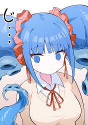 Rule 34 | 1girl, @ @, absurdres, blue hair, borrowed character, brown sweater, closed mouth, cocokana, collared shirt, commentary, highres, long hair, looking at viewer, mizudako-chan (okbnkn), neck ribbon, original, red ribbon, ribbon, shirt, sweater, symbol-only commentary, tentacle hair, translation request, twintails, white shirt