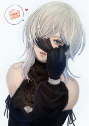 Rule 34 | 10h (nier reincarnation), 1girl, bare shoulders, black gloves, blindfold, blue eyes, cake, cleavage cutout, clothing cutout, detached sleeves, food, gloves, highres, medium hair, mitsuki nite, nier (series), nier reincarnation, one eye covered, parted lips, puffy sleeves, red lips, solo, speech bubble, white hair