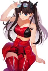 Rule 34 | 1girl, adjusting eyewear, alternate costume, arm support, arm up, bare arms, bare shoulders, black hair, black ribbon, blue eyes, boots, breasts, cleavage, closed mouth, clothes around waist, collarbone, eyewear on head, fate/grand order, fate/stay night, fate (series), female focus, from above, gaoyang ou nisang, glasses, glasses on head, hair ribbon, highres, jacket, jacket around waist, long hair, looking at viewer, looking up, medium breasts, midriff, nail polish, parted bangs, red footwear, ribbon, shade, simple background, sitting, smile, solo, strapless, sunglasses, thigh boots, thighhighs, tohsaka rin, two side up, type-moon, white background