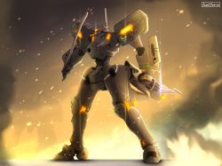 Rule 34 | clenched hand, fire, hattorin, highres, holding, holding sword, holding weapon, looking ahead, mecha, mig-23 cheburaskha (muv-luv), muv-luv, muv-luv alternative, no humans, robot, schwarzesmarken, science fiction, smoke, solo, standing, sword, tactical surface fighter, visor, weapon