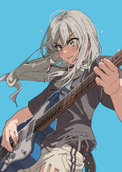 Rule 34 | 1girl, belt, blue background, commentary, electric guitar, fender jazzmaster, floating hair, from below, geng99161, girls band cry, grey eyes, grey hair, guitar, highres, holding, holding plectrum, instrument, jewelry, kawaragi momoka, long hair, multicolored hair, music, open mouth, pendant, playing guitar, playing instrument, plectrum, roots (hair), shirt, simple background, solo, sweat, t-shirt