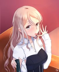 Rule 34 | 10s, 1girl, blonde hair, bottle, licking finger, highres, jinmyou san, kantai collection, licking, long hair, looking at viewer, pola (kancolle), solo, tongue, tongue out, unbuttoned