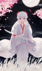 Rule 34 | 1girl, bad id, bad pixiv id, blood, blood on clothes, bloody weapon, blurry, blurry background, cloud, collarbone, commentary, depth of field, field, flower, full moon, highres, holding, holding sword, holding weapon, horns, japanese clothes, katana, kimono, kisei2, long hair, long sleeves, moon, night, night sky, obi, open clothes, original, parted lips, petals, pink flower, red eyes, romaji commentary, sash, signature, silver hair, sky, solo, sword, very long hair, weapon, white kimono, wide sleeves
