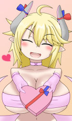 Rule 34 | 1girl, blonde hair, blush, blush stickers, breasts, cleavage, collar, demon girl, demon wings, elbow gloves, closed eyes, fang, gloves, rami (mon-musu quest!), large breasts, mon-musu quest!, mon-musu quest: paradox, monster girl, open mouth, pointy ears, rami (mon-musu quest!), ribbon, short hair, smile, solo, upper body, valentine, white gloves, wings, yoshunor