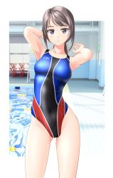 Rule 34 | 1girl, absurdres, blue eyes, breasts, clothes writing, competition swimsuit, contrapposto, covered navel, cowboy shot, grey hair, highleg, highleg swimsuit, highres, indoors, lane line, long hair, looking at viewer, medium breasts, multicolored clothes, multicolored swimsuit, one-piece swimsuit, original, pool, poolside, sidelocks, solo, standing, swimsuit, takafumi