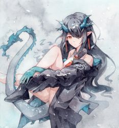 Rule 34 | 1girl, arknights, bare legs, bare shoulders, black coat, black footwear, black hair, coat, collar, colored skin, cotayomengmiao, detached sleeves, dragon horns, dragon tail, dusk (arknights), earrings, gradient hair, green skin, grey background, hair over one eye, highres, horns, jewelry, knee up, looking at viewer, multicolored hair, necktie, one eye covered, painting (medium), pointy ears, solo, tail, thighs, traditional media, watercolor (medium)