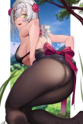 Rule 34 | 1girl, ass, blush, braid, breasts, brown pantyhose, clothes lift, doko tetora, dress, dress lift, from behind, genshin impact, green eyes, headdress, highres, large breasts, looking at viewer, looking back, maid, maid headdress, noelle (genshin impact), open mouth, panties, panties under pantyhose, pantyhose, shiny clothes, short hair, sideboob, silver hair, smile, solo, transparent background, underwear