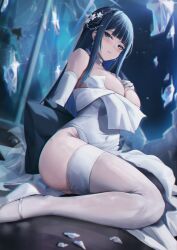 Rule 34 | 1girl, absurdres, bare shoulders, blue archive, blue eyes, blue hair, blush, breasts, closed mouth, covered navel, dress, elbow gloves, garter straps, gloves, highres, kuutamo, large breasts, long hair, looking at viewer, official alternate costume, saori (blue archive), saori (dress) (blue archive), solo, thighhighs, thighs, white dress, white garter straps, white gloves, white thighhighs