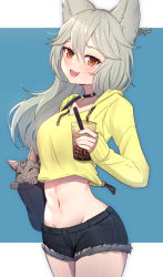 Rule 34 | 1girl, :d, animal, animal ears, bag, black choker, black shorts, blue background, blush, breasts, bubble tea, cat, choker, commentary, cowboy shot, crop top, cup, cutoffs, disposable cup, drawstring, drinking straw, ear piercing, earrings, erune, fang, granblue fantasy, grey hair, groin, hair between eyes, handbag, highres, holding, holding cup, hood, hood down, hoodie, jewelry, long hair, long sleeves, looking at viewer, medium breasts, midriff, navel, open mouth, orange eyes, piercing, sen (granblue fantasy), short shorts, shorts, single earring, smile, solo, standing, symbol-only commentary, two-tone background, uneg, white background, yellow hoodie